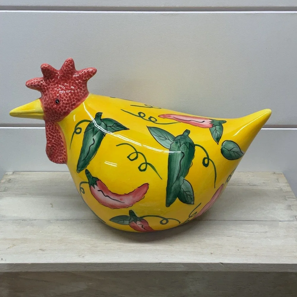 CBK Ltd 1999 Handpainted Ceramic Chicken Figurine Yellow Chili Pepper Rooster